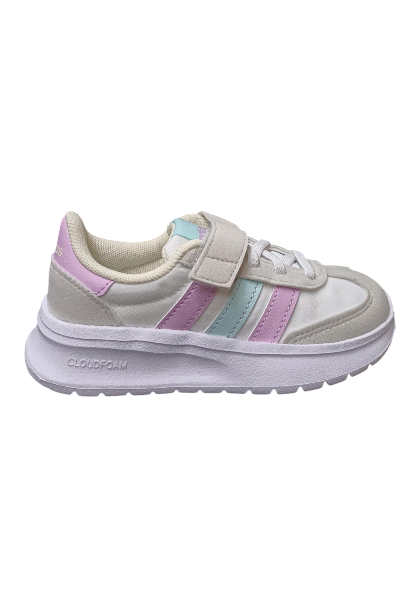 Scarpe sneakers Bambine e ragazze adidas RUN70s bianco-grigio-fuxja-verde acqua laccio elastico e velcro
