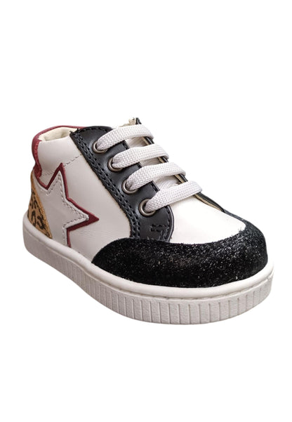 Sneakers primi passi bambina Balducci Cita bianco nero fucsia maculato pelle - Stile animalier con lacci