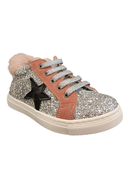 Scarpe sneakers Bambine e ragazze platis P2422  glitter argento-rosa laccio