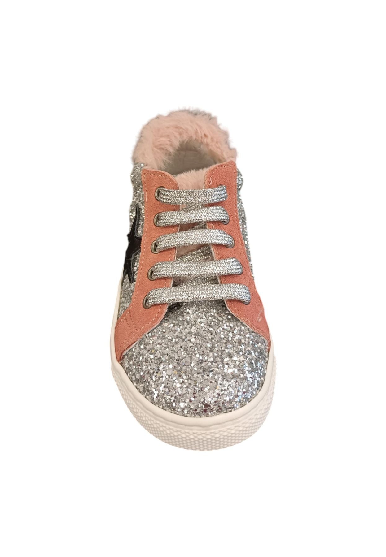 Scarpe sneakers Bambine e ragazze platis P2422  glitter argento-rosa laccio