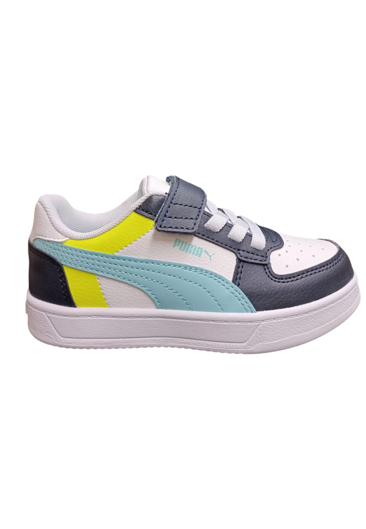 Scarpe sneakers Bambini e ragazzi PUMA CAVEN  bianco-azzurro-nero-giallo laccio elastico e velcro