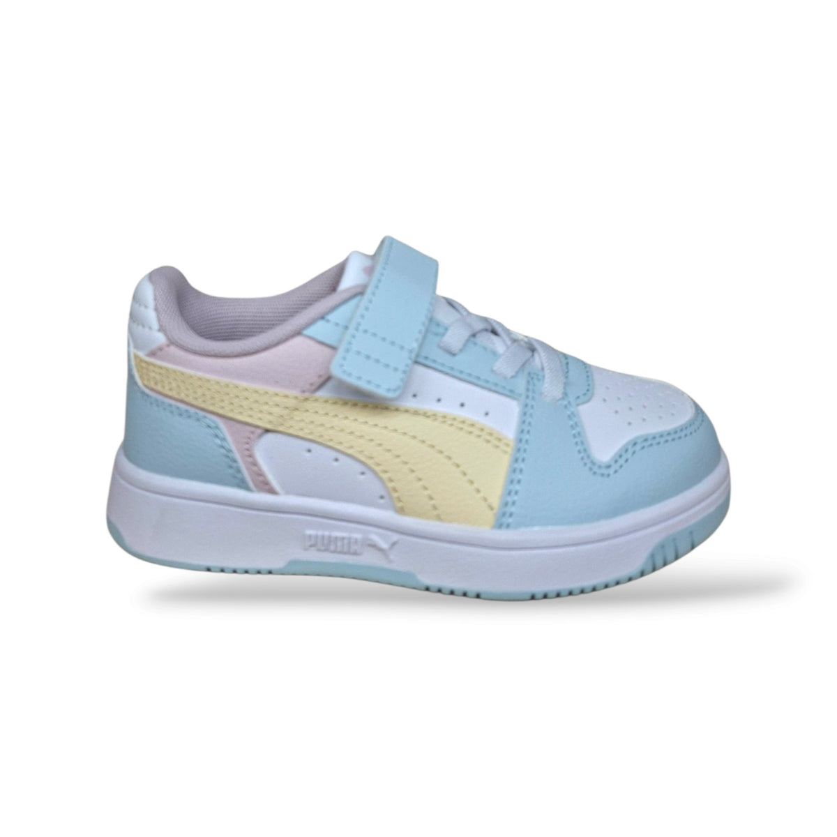 puma-rebound-408295-sneakers-bambine-celeste-bianco-giallo-rosa-in-pelle-velcro-scarpetteria-gica-trani
