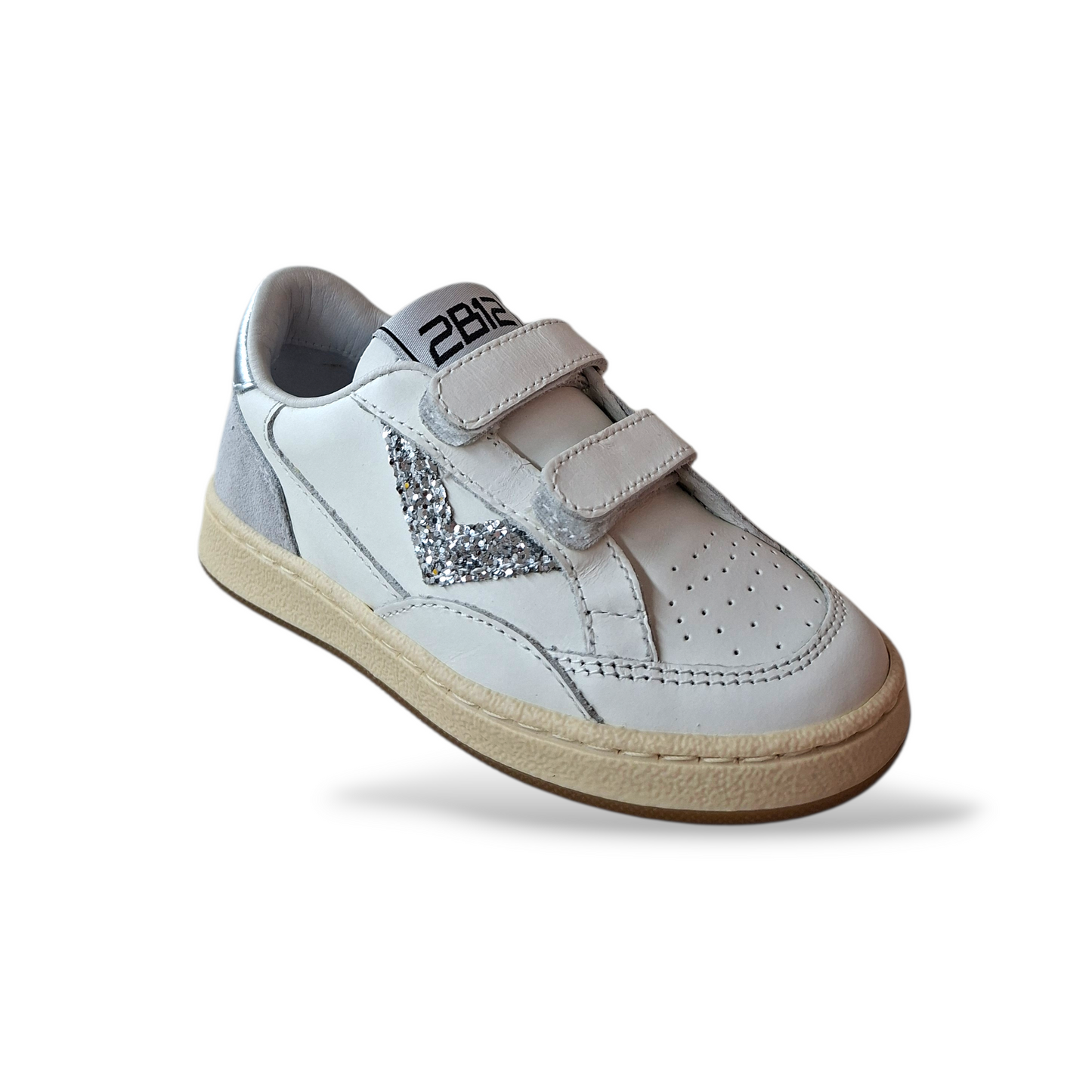 Dettaglio sneakers bambina 2B12 glitter argento pelle bianca primi passi Scarpetteria Gica
