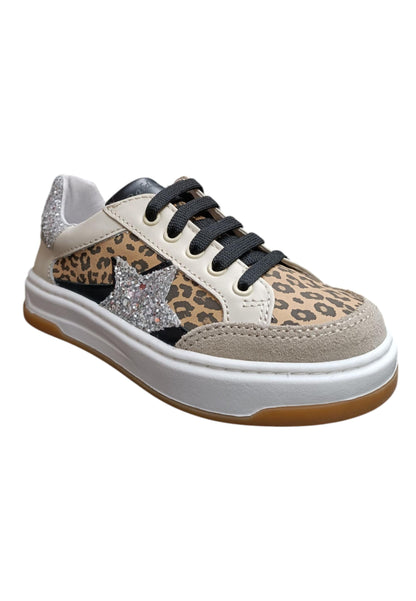 Sneakers bambina Balducci Trike beige nero maculato pelle - Stile animalier con zip laterale
