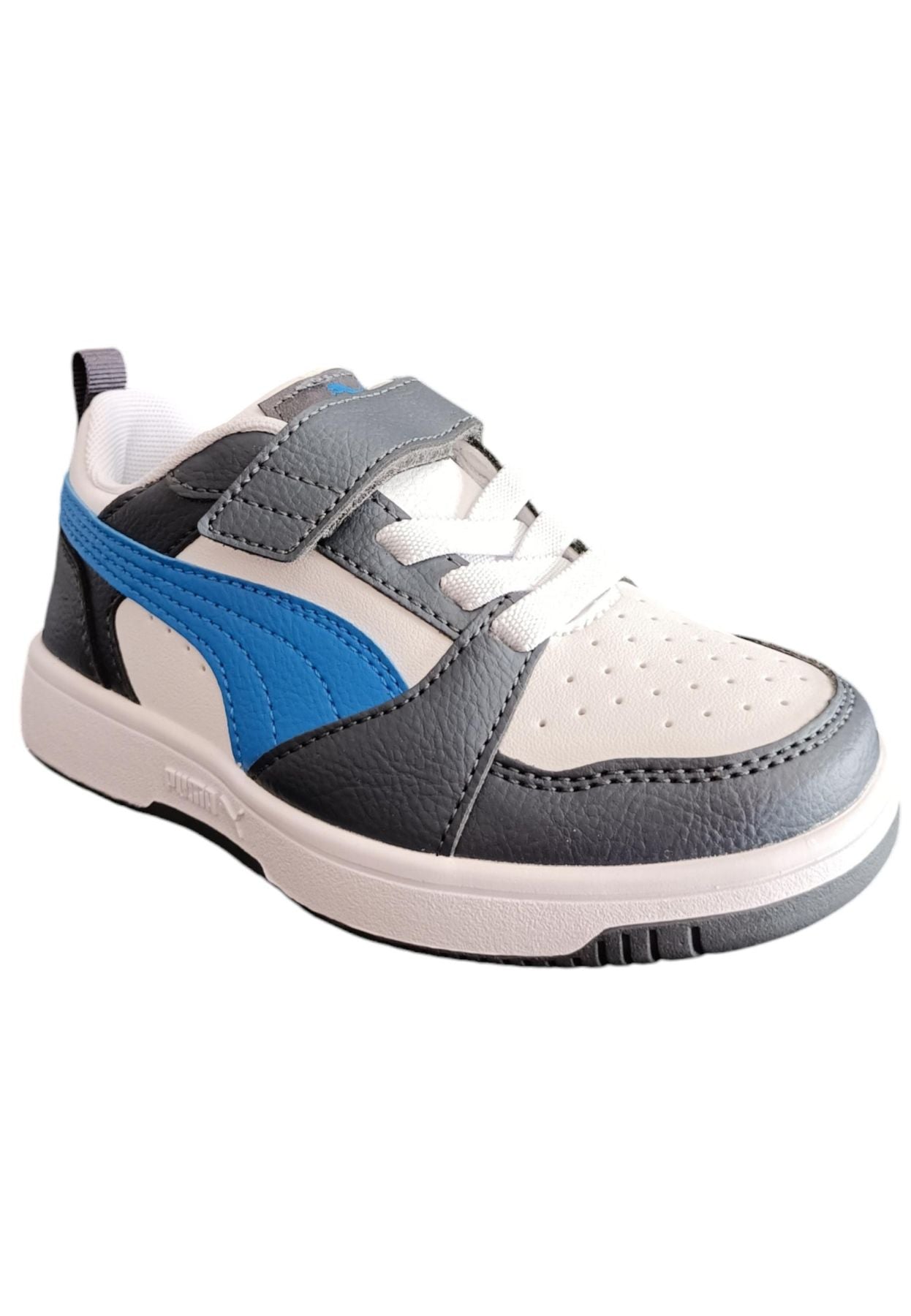 Scarpe sneakers Unisex bambini PUMA REBOUND  bianco-nero-blue laccio elastico e velcro