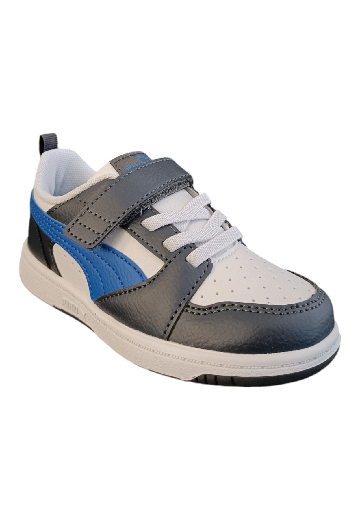 Scarpe sneakers Unisex bambini PUMA REBOUND  bianco-nero-blue laccio elastico e velcro