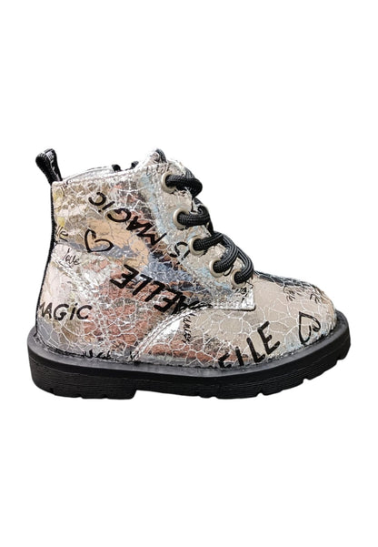 Anfibio bambina Gaelle Blond argento nero pelle crack lacci urban style