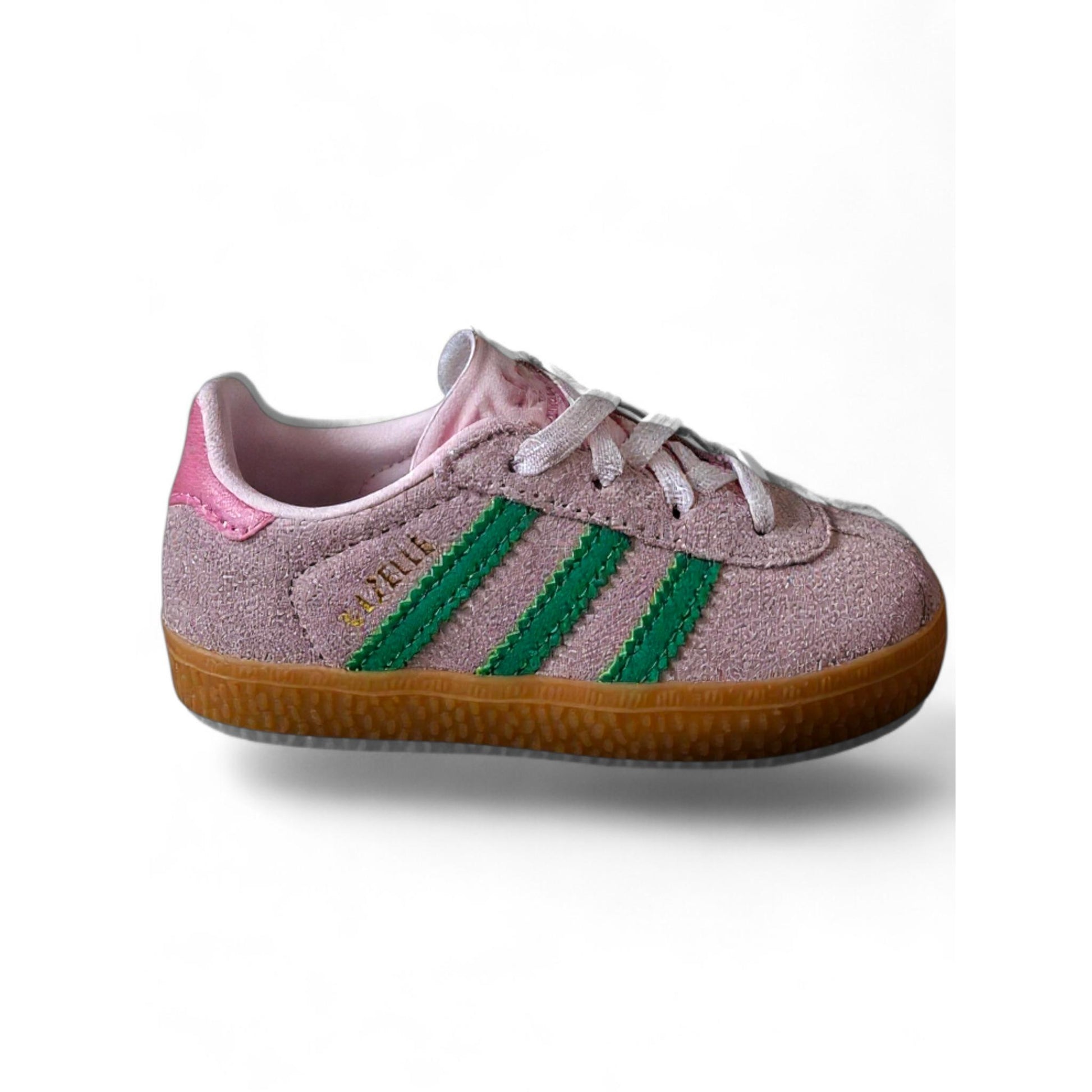 Sneakers-Adidas-Gazelle-CF-EL-I-JP7138-rosa-verde-beige-bambina-vista-laterale-velcro-laccio-elastico-Scarpetteria-Gica-Trani