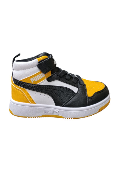 Scarpe sneakers Unisex bambini PUMA REBOUND  bianco-nero-giallo laccio elastico e velcro