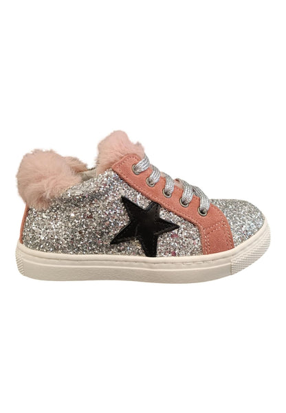 Scarpe sneakers Bambine e ragazze platis P2422  glitter argento-rosa laccio