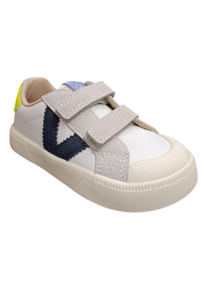 Sneakers bambino Victoria Oliver bianco blu giallo pelle - Stile colorato con velcro
