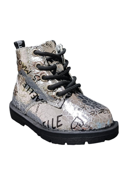 Anfibio bambina Gaelle Blond argento nero pelle crack lacci urban style