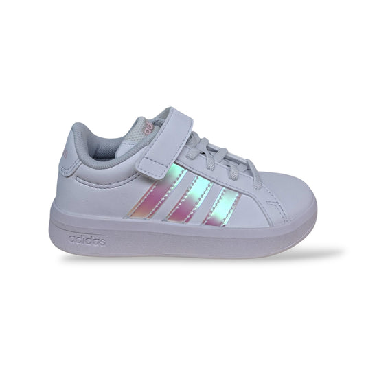 adidas-grand-court-jq1988-sneakers-bambine-bianco-cangiante-iridescente-pelle-laccio-elastico-velcro-taglie-28-35-scarpetteria-gica-trani

