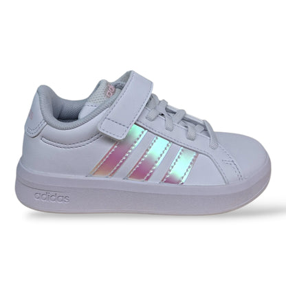 adidas-grand-court-jq1988-sneakers-bambine-bianco-cangiante-iridescente-pelle-laccio-elastico-velcro-taglie-28-35-scarpetteria-gica-trani
