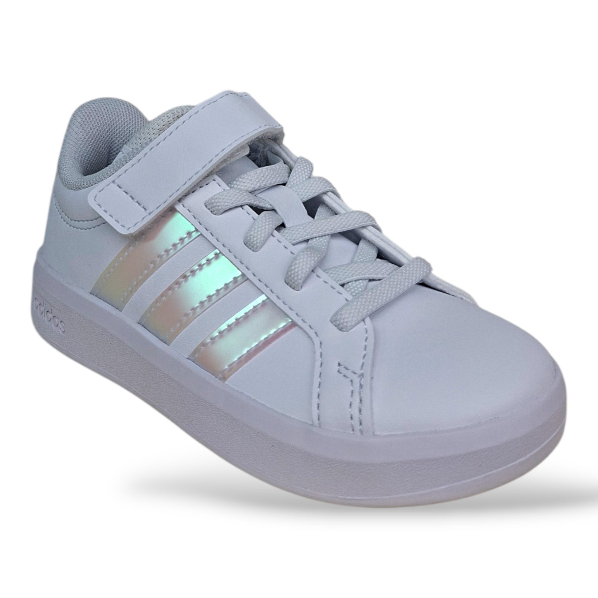 scarpe-pelle-bambine-adidas-grand-court-bianco-cangiante-iridescente-laccio-elastico-strappo-scuola-primaria-scarpetteria-gica-trani

