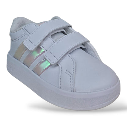 scarpe-pelle-bambina-piccola-adidas-grand-court-bianco-cangiante-velcro-strappo-scuola-materna-scarpetteria-gica-trani
