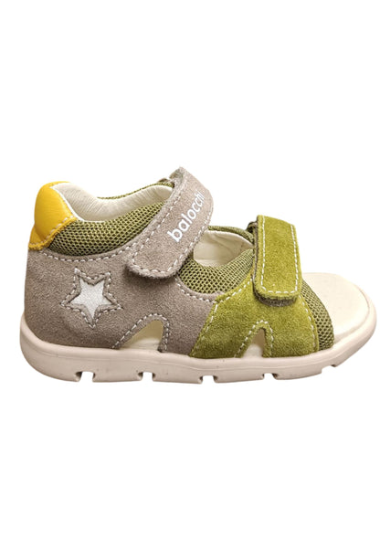 Sandalo bambino Balocchi Over tortora verde-giallo suede-tessuto - Primi passi tallonato con velcro