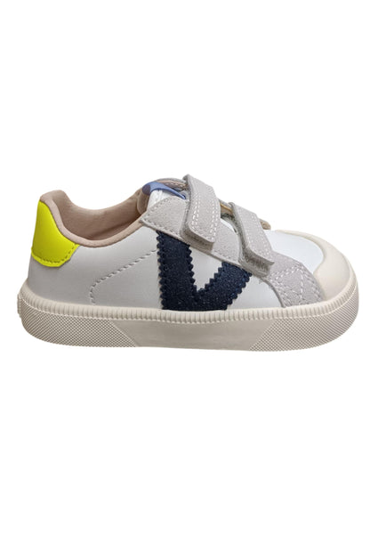 Sneakers bambino Victoria Oliver bianco blu giallo pelle - Stile colorato con velcro