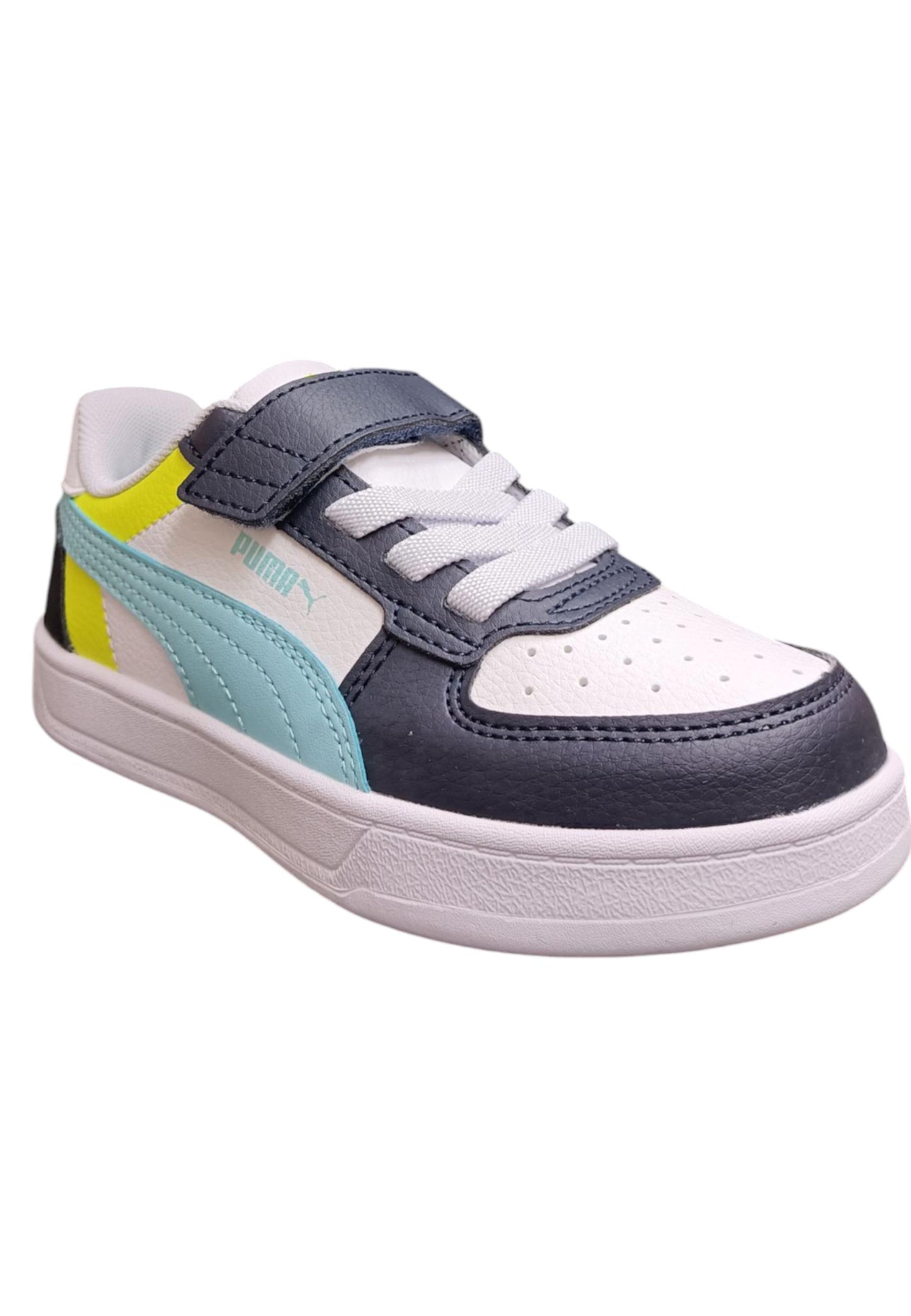 Scarpe sneakers Bambini e ragazzi PUMA CAVEN  bianco-azzurro-nero-giallo laccio elastico e velcro