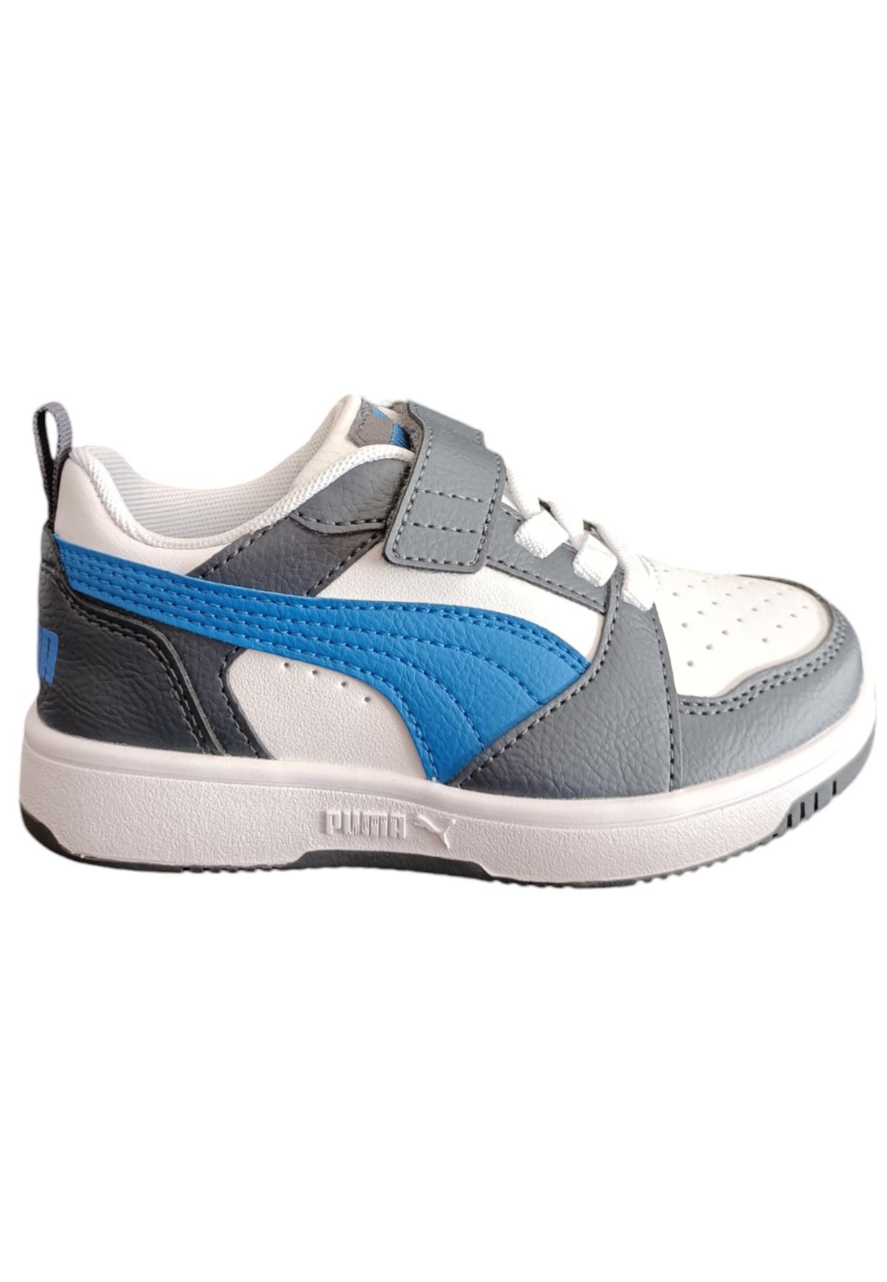 Scarpe sneakers Unisex bambini PUMA REBOUND  bianco-nero-blue laccio elastico e velcro