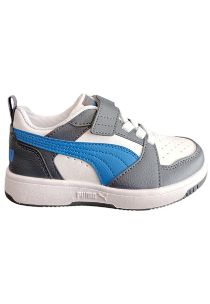 Scarpe sneakers Unisex bambini PUMA REBOUND  bianco-nero-blue laccio elastico e velcro