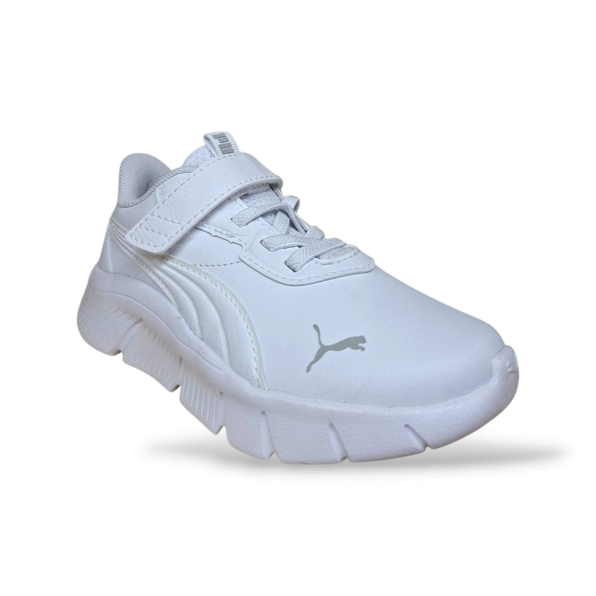 Sneakers Puma Flex Focus bianche in pelle con velcro, taglie 20-35