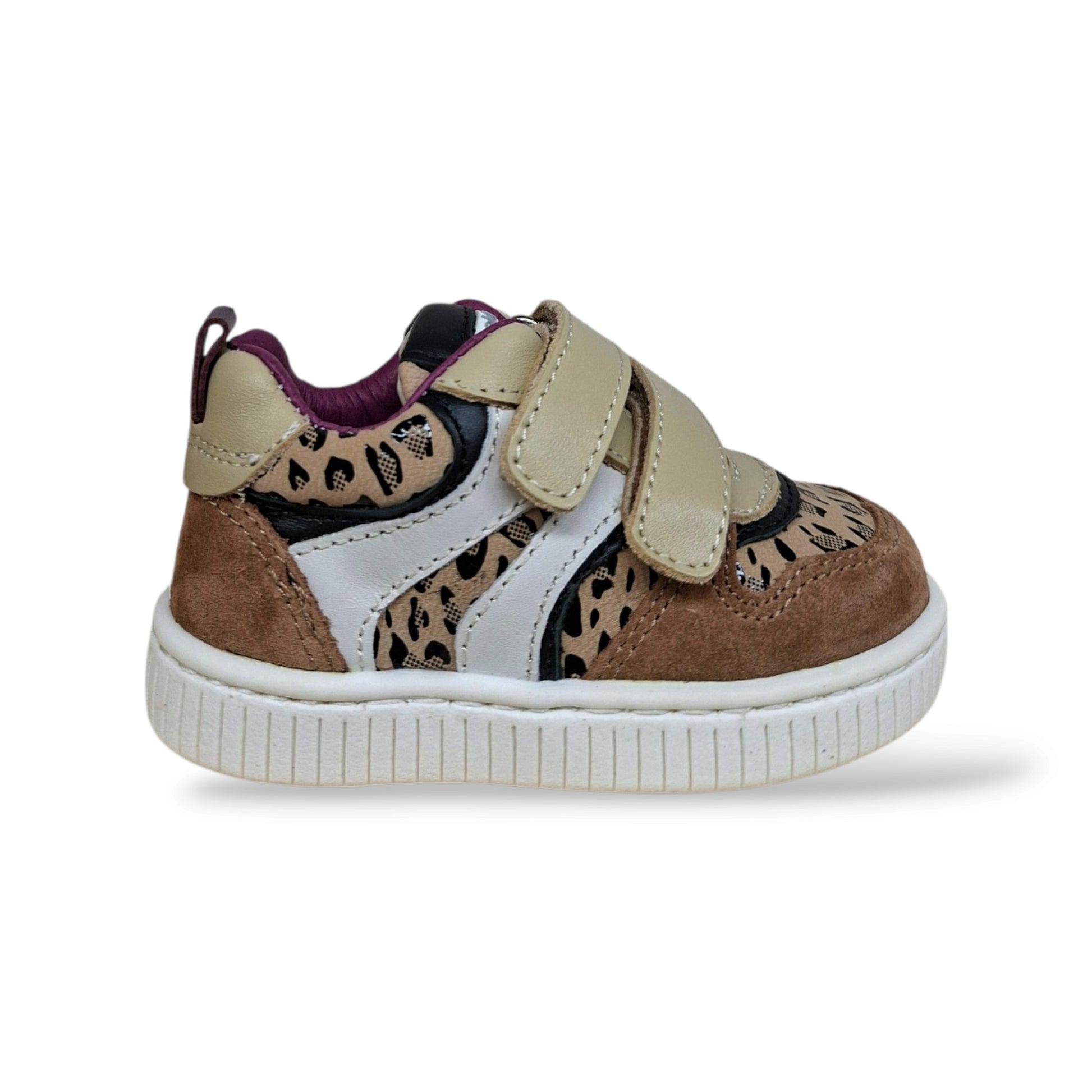 balducci-cita-mspo4909-scarpe-primi-passi-bambine-marrone-maculato-bianco-viola-velcro-pelle-suede-animal-print-tallone-rinforzato-fondo-flessibile-arco-plantare-taglie-19-24-scarpetteria-gica-trani

