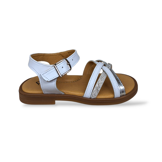 Sandali bambina eleganti Platis P3251 bianco argento pelle con strass per cerimonie e comunioni
