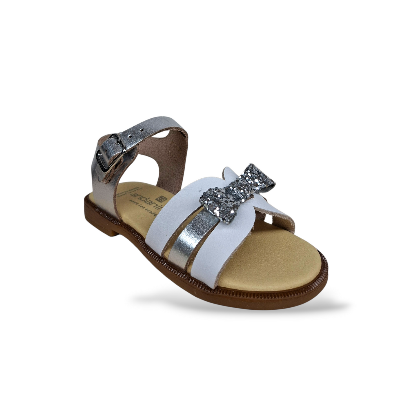Sandali cerimonia bambina Andanines modello Malinche 261431 bianco argento con dettaglio fiocco strass
