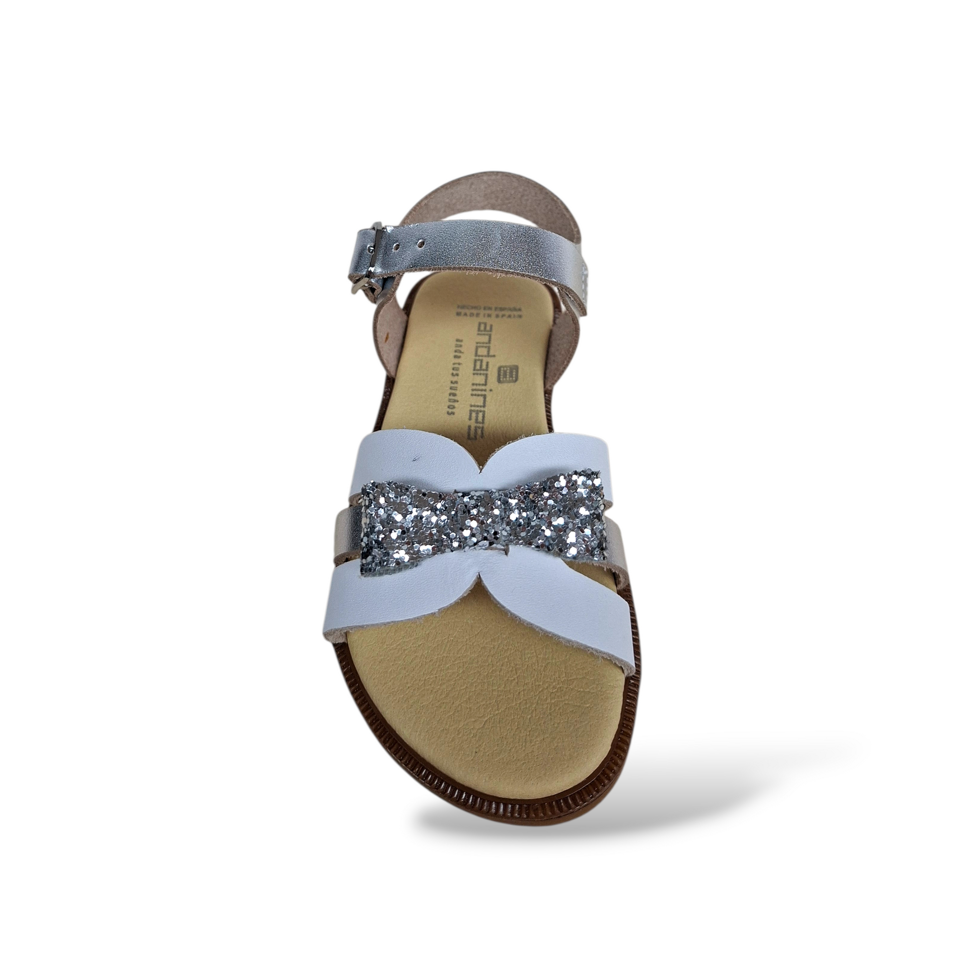 Calzature eleganti bambina per comunione battesimo Andanines pelle bianco argento con fibia regolabile
