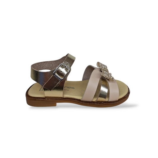 Sandali eleganti bambina Andanines crema platino con fiocco e strass, chiusura a fibia, pelle pregiata per cerimonie
