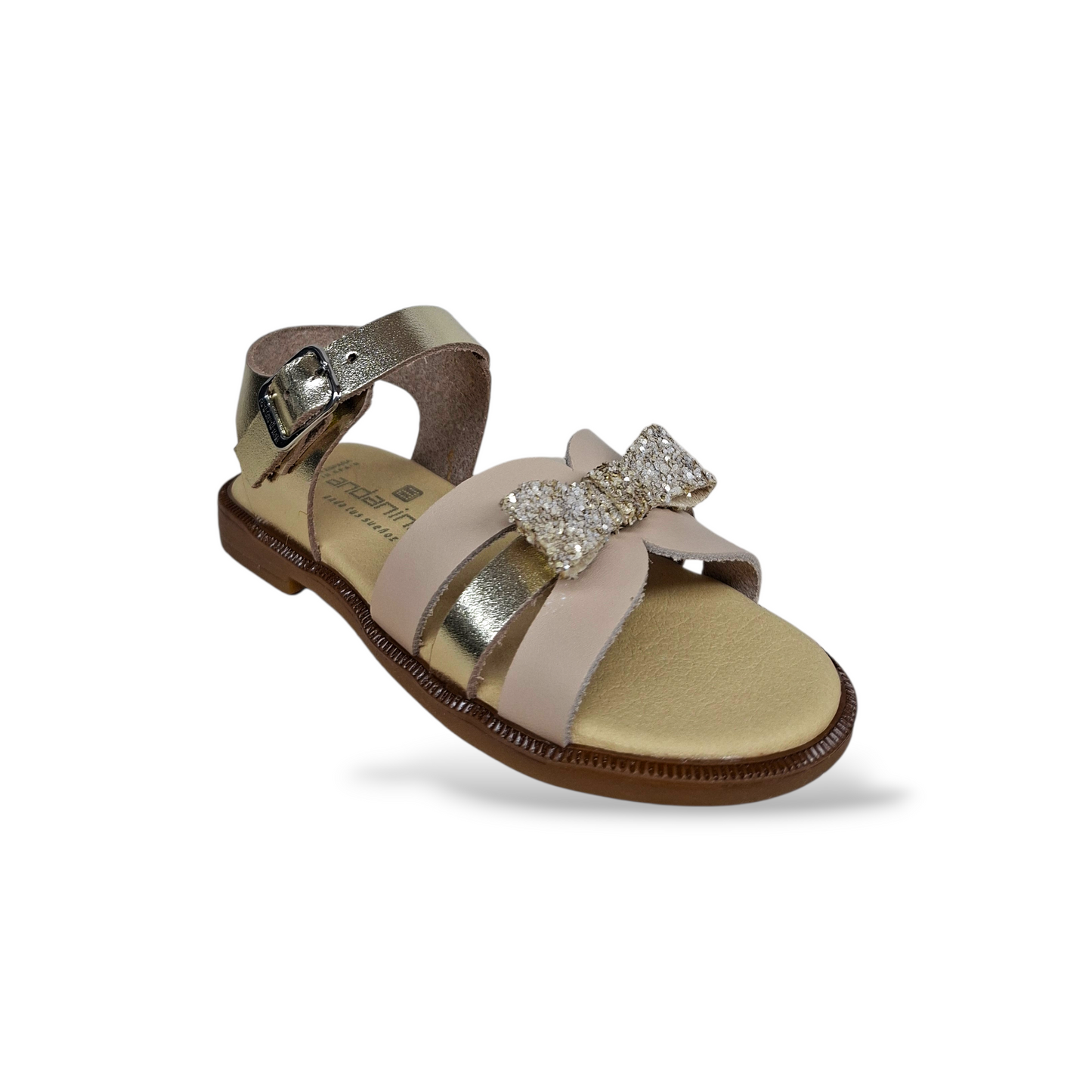 Sandali eleganti bambina Andanines crema platino con fiocco e strass, chiusura a fibia, pelle pregiata per cerimonie
