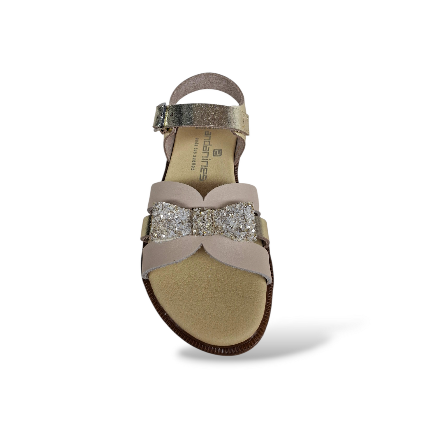 Calzature eleganti bambina per comunione battesimo Andanines pelle crema platino con fibia regolabile
