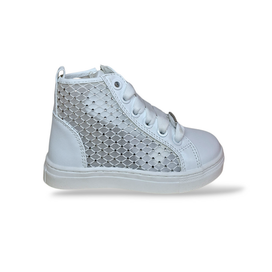 Scarpetteria-Gica-Trani – Ferrè-FB-401 sneakers cerimonia bambina bianche argento laccio e zip laterale