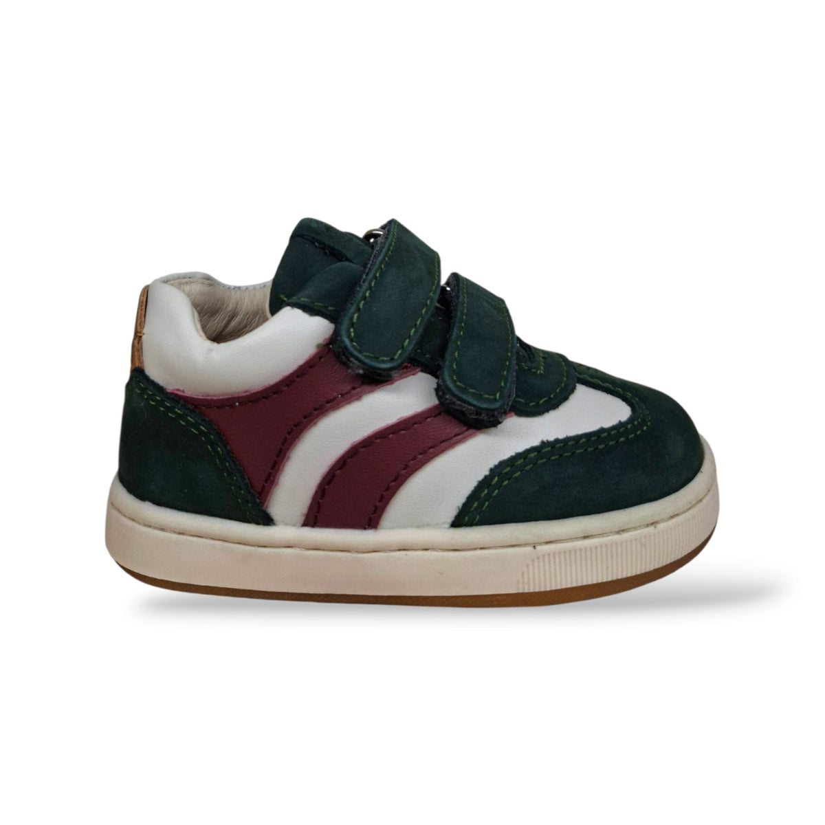 balducci-cita-7462-scarpa-primi-passi-bambini-unisex-verdone-bianco-bordeaux-pelle-suede-morbido-velcro-fondo-gomma-pieghevole-soft-made-in-italy-tricolore-autunnale-vivace-originale-taglie-19-24-scarpetteria-gica-trani
