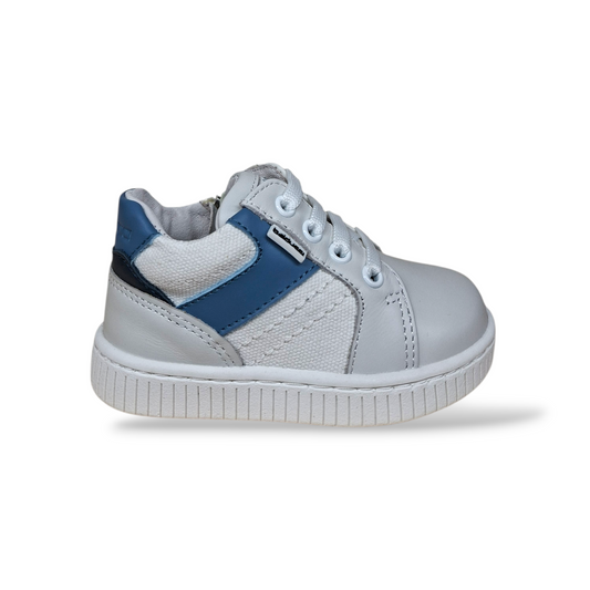 Scarpe primi passi Balducci Cita 4880 bianco bluette pelle laccio zip laterale - Scarpetteria Gica Trani
