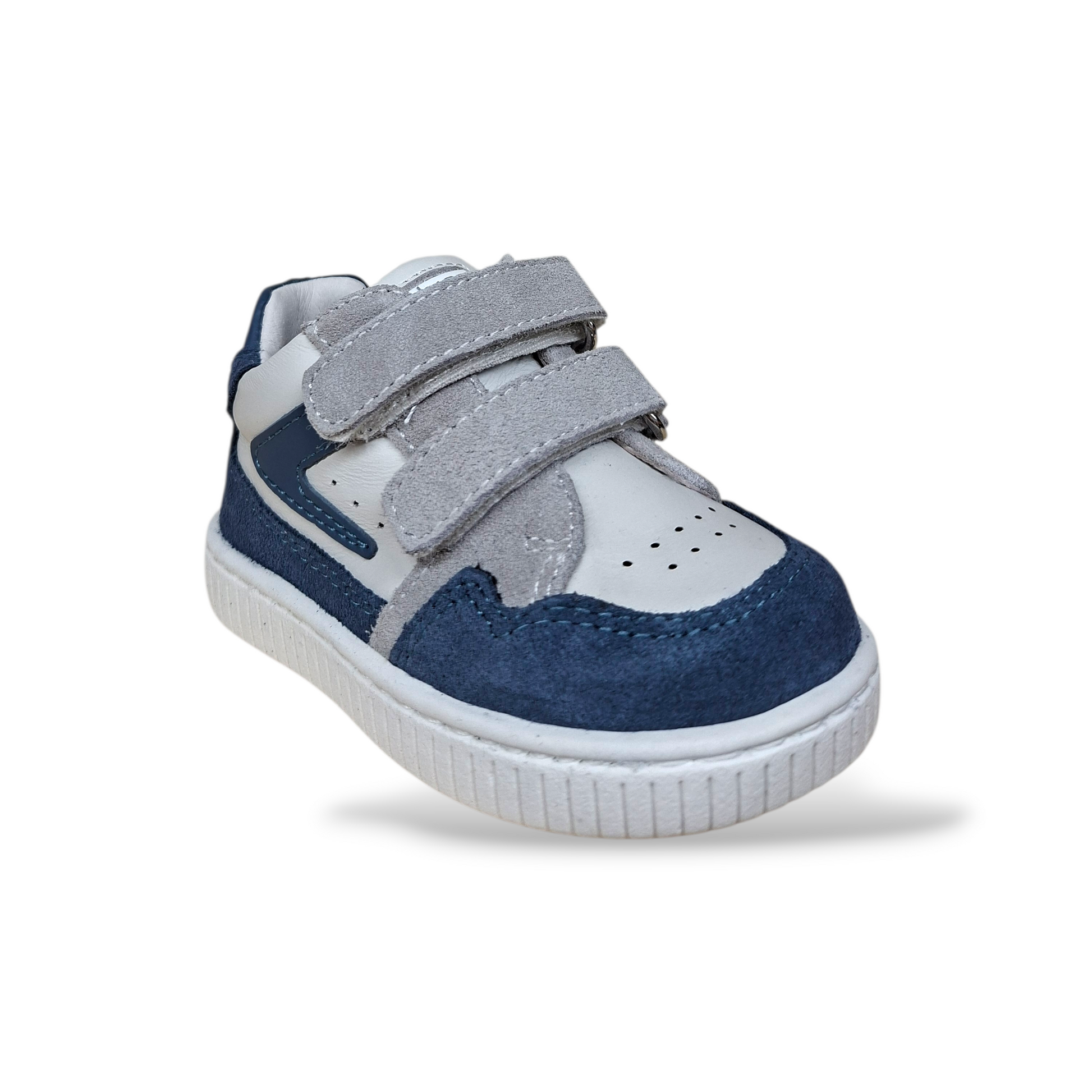 Sneakers primi passi bambino Balducci bluette bianco grigio pelle Made in Italy - Scarpetteria Gica Trani
