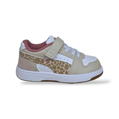 puma-rebound-407463-sneakers-bambine-beige-bianco-maculato-animalier-pelle-qualita-silhouette-alta-basket-laccio-elastico-velcro-autonoma-fashion-originale-unica-autunno-inverno-2026-taglia-27-scarpetteria-gica-trani
