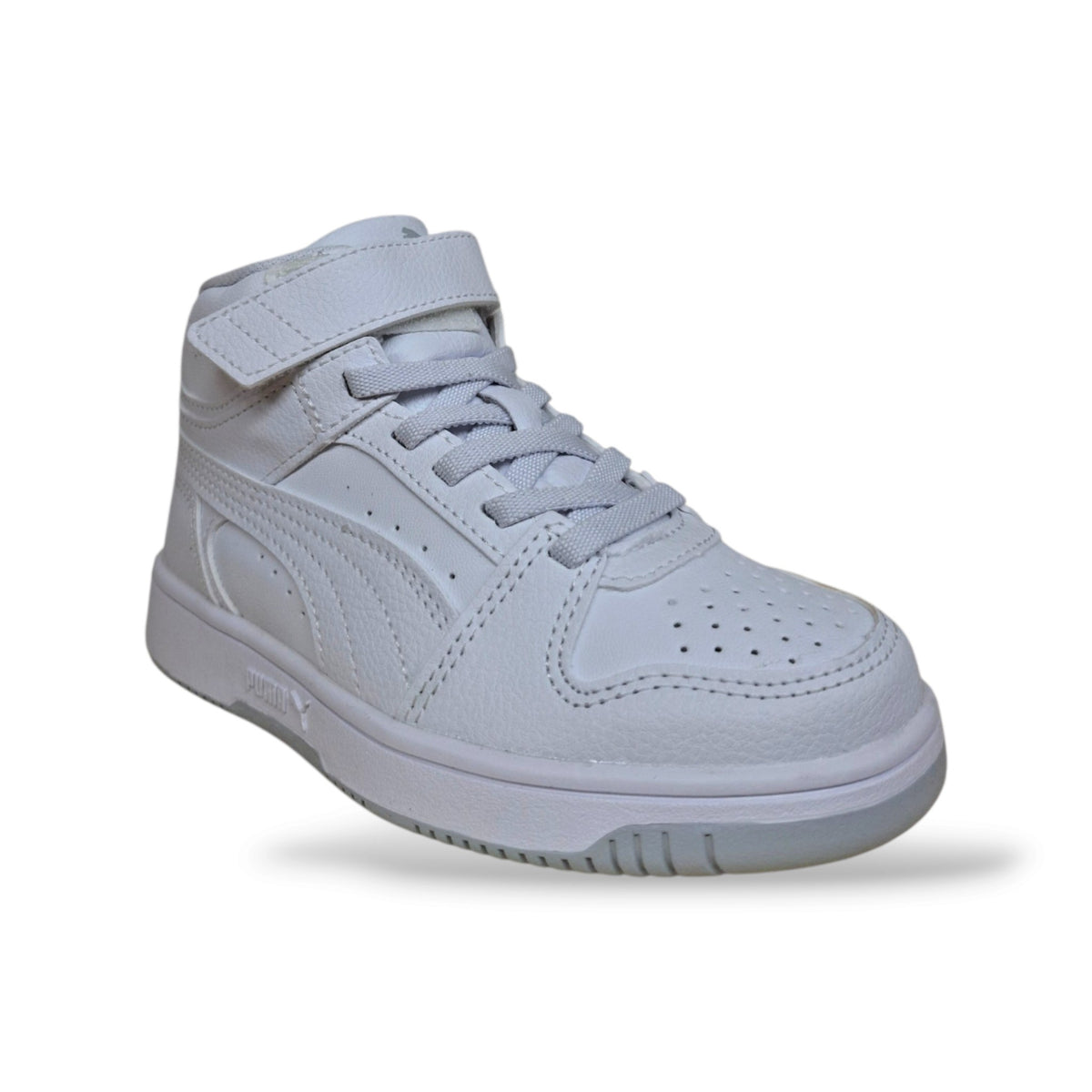 sneakers-bambini-ragazzi-puma-rebound-408802-bianco-pelle-total-white-luminosa-silhouette-alta-basket-iconica-laccio-elastico-bianco-velcro-rapido-scuola-infanzia-primaria-sport-casual-taglie-28-35-scarpetteria-gica-trani
