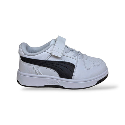 puma-rebound-408295-sneakers-bambini-ragazzi-bianco-nero-pelle-classico-sportivo-silhouette-alta-basket-laccio-elastico-velcro-autonomia-back-to-school-versatile-autunno-inverno-2

