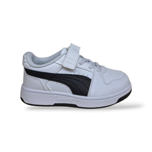 puma-rebound-408295-sneakers-bambini-ragazzi-bianco-nero-pelle-classico-sportivo-silhouette-alta-basket-laccio-elastico-velcro-autonomia-back-to-school-versatile-autunno-inverno-2
