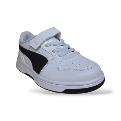 sneakers-bambini-ragazzi-puma-rebound-408295-bianco-nero-pelle-strutturata-alta-basket-laccio-elastico-velcro-rapido-autonomia-completa-scuola-infanzia-primaria-tempo-libero-taglie-28-35-scarpetteria-gica-trani
