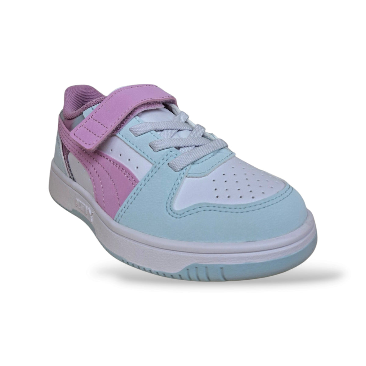 sneakers-bambine-puma-rebound-407469-celeste-rosa-bianco-pelle-pastello-alta-basket-laccio-elastico-velcro-rapido-autonomia-completa-scuola-infanzia-primaria-tempo-libero-dolce-luminosa-taglie-28-35-scarpetteria-gica-trani
