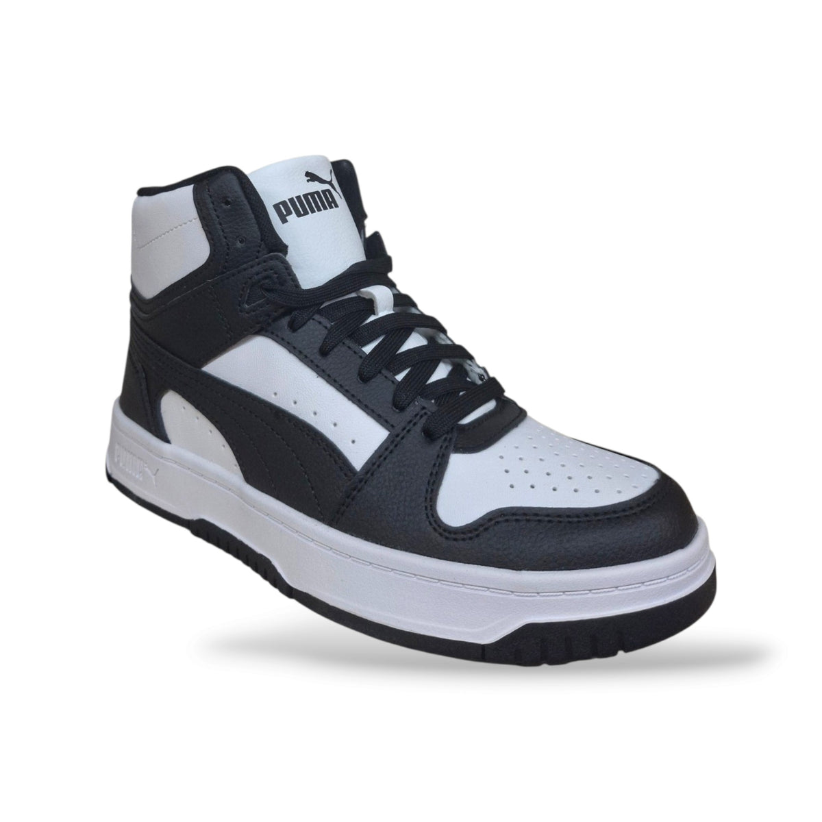 sneakers-alte-bambini-ragazzi-puma-rebound-408800-nero-bianco-pelle-design-basket-struttura-alta-caviglia-lacci-calzata-precisa-mezza-taglia-comfort-suola-stabile-aderente-scuola-sport-passeggiate-taglie-36-39-scarpetteria-gica-trani

