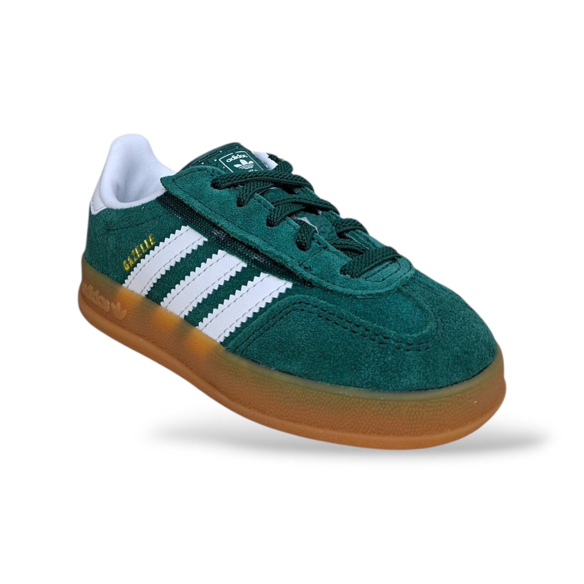 scarpe-bambini-piccoli-adidas-gazelle-indoor-verdone-bianco-camel-suede-3-stripes-velcro-strappo-scuola-scarpetteria-gica-trani
