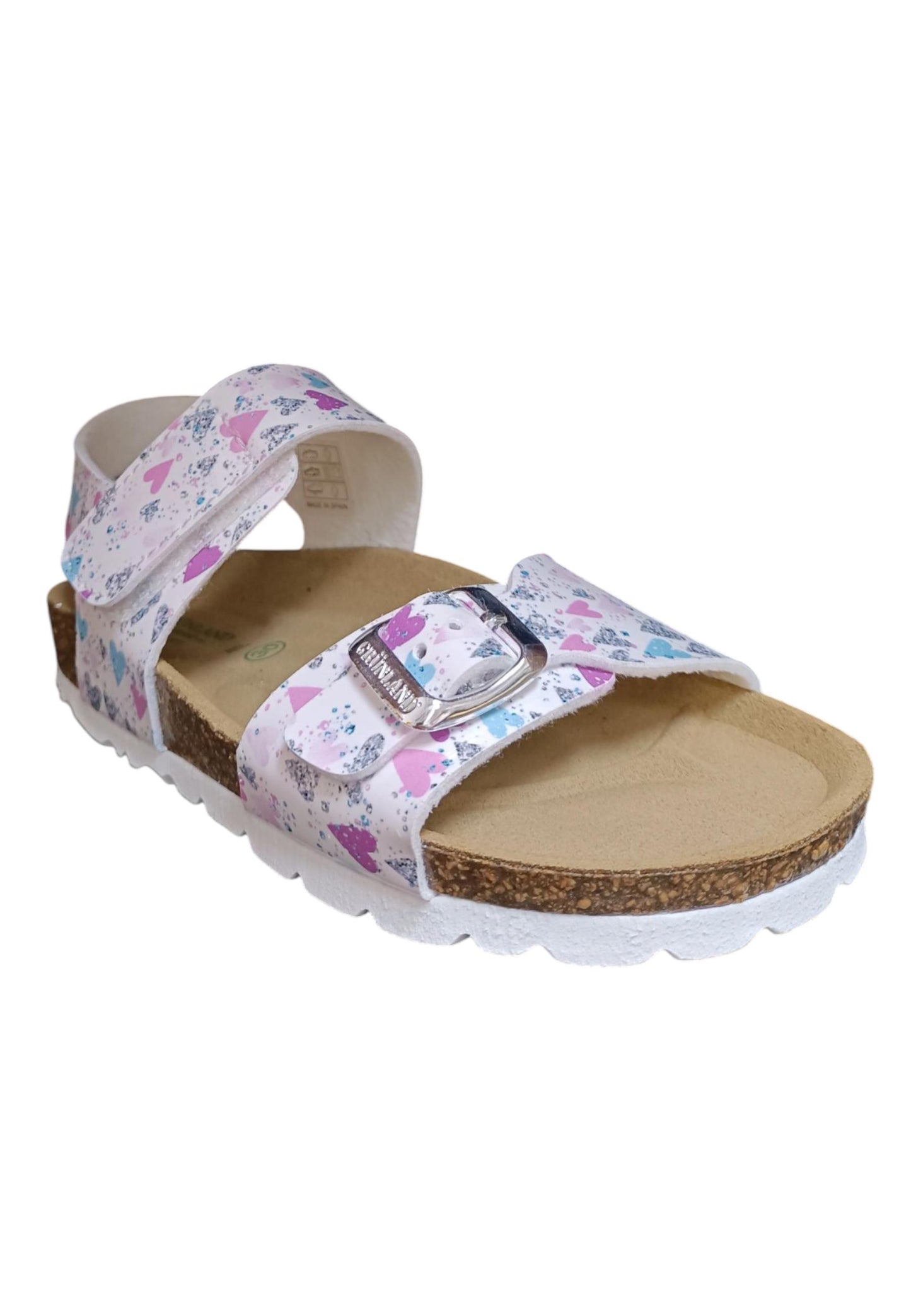 Sandalo bio bambino Grunland Junior 1127 bianco multi pelle sughero fibbia comfort