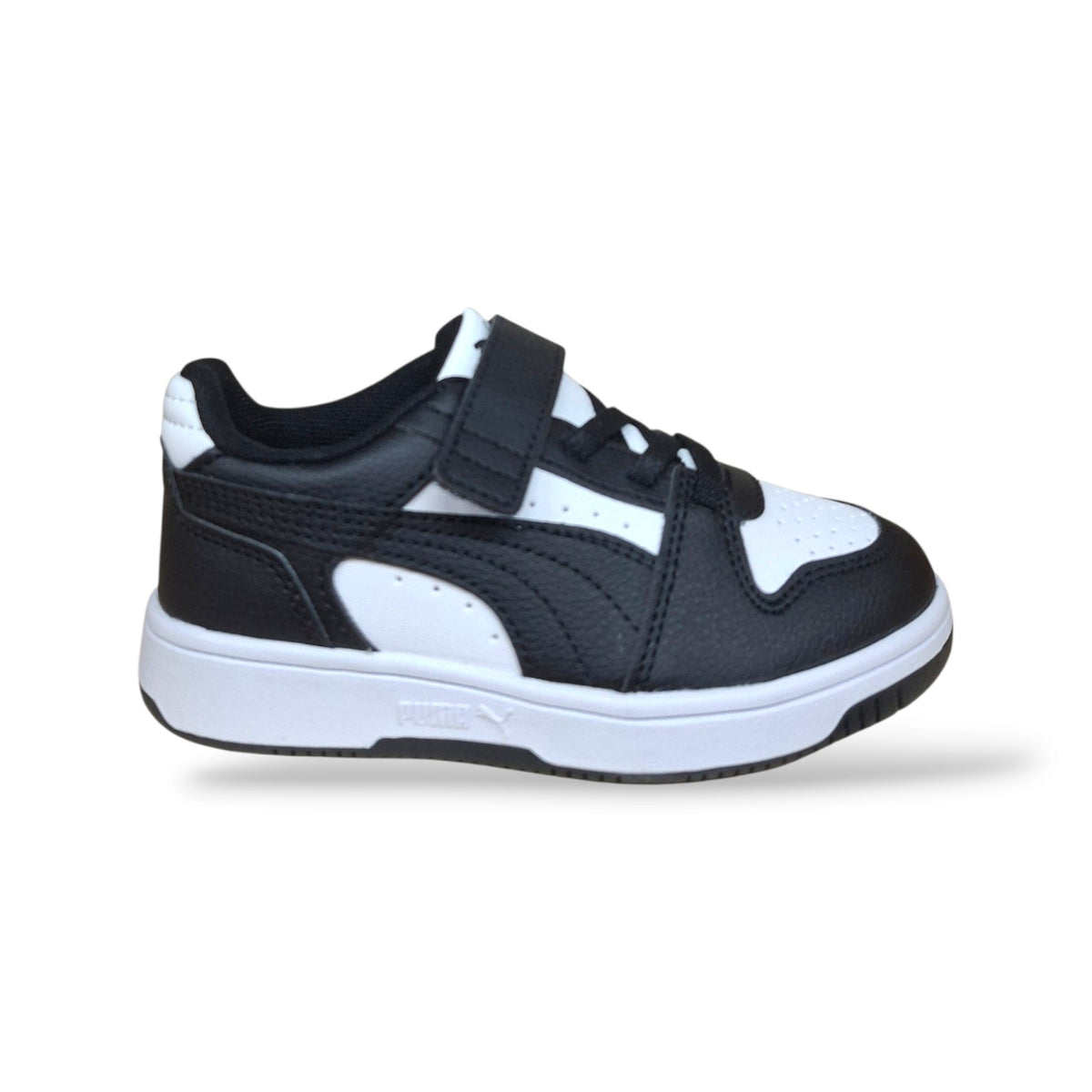puma-rebound-408295-sneaker-bambini-nero-bianco-in-pelle-con-laccio-elastico-e-velcro-scarpetteria-gica-trani
